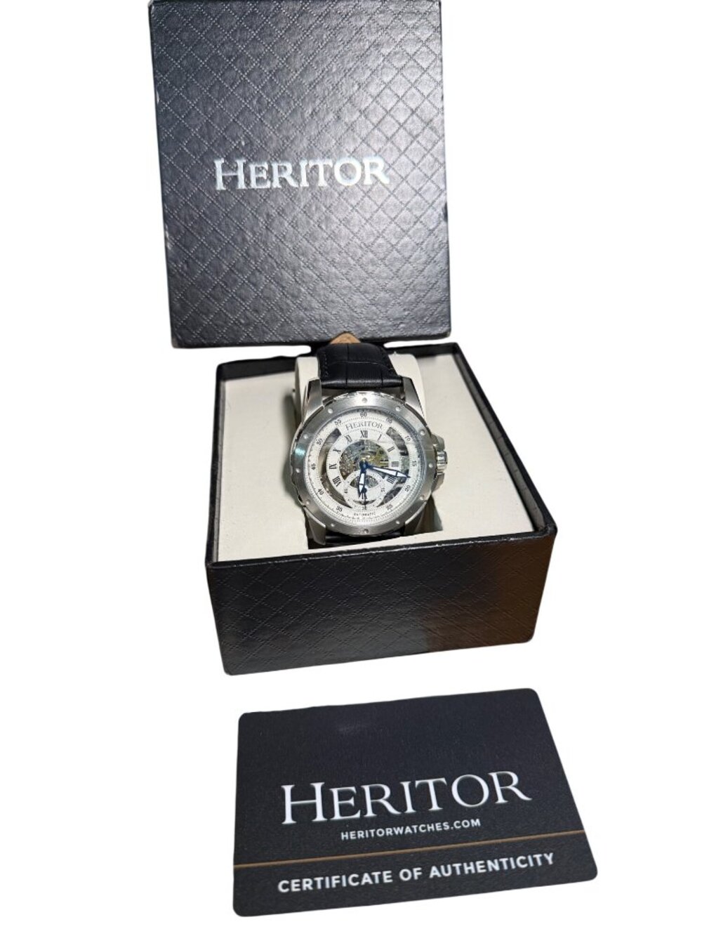 Heritor Automatic Skeleton Watch With Black Leather Strap Stainless Steel Case &